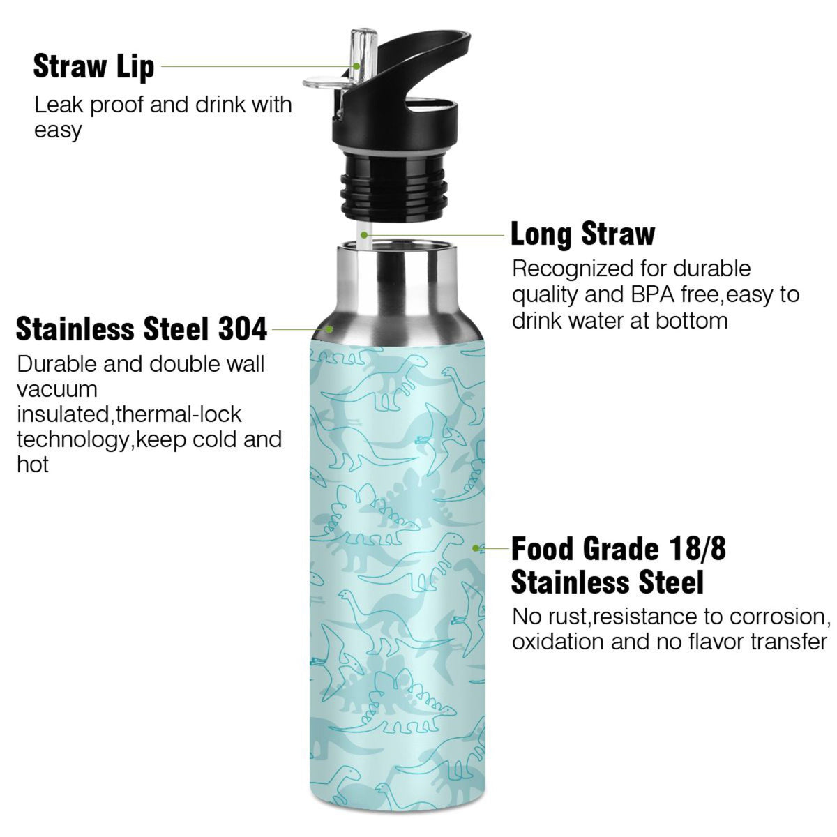 Dinosaur Green Pattern Stainless Steel Insulated Water Bottle with Straw Lid Y9263