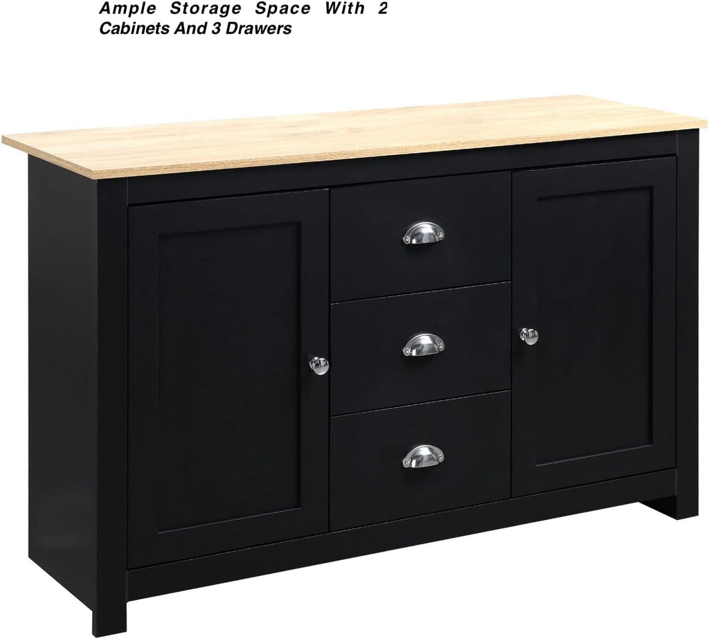 Black Kitchen Sideboard Buffet Storage Cabinet with 2 Side Cabinets 3 Drawers F9734