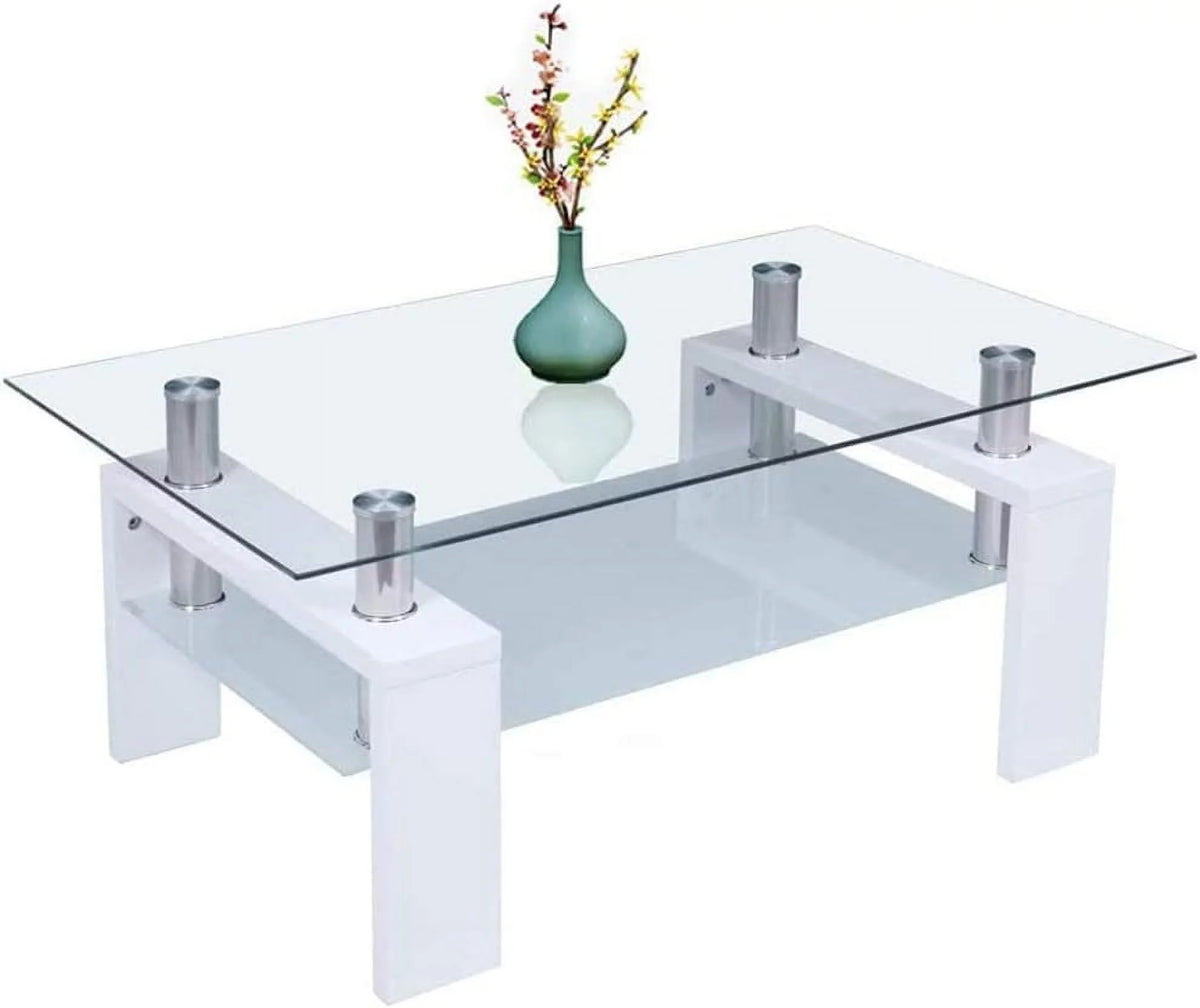 White Glass Coffee Table with Lower Shelf Wooden Legs B602