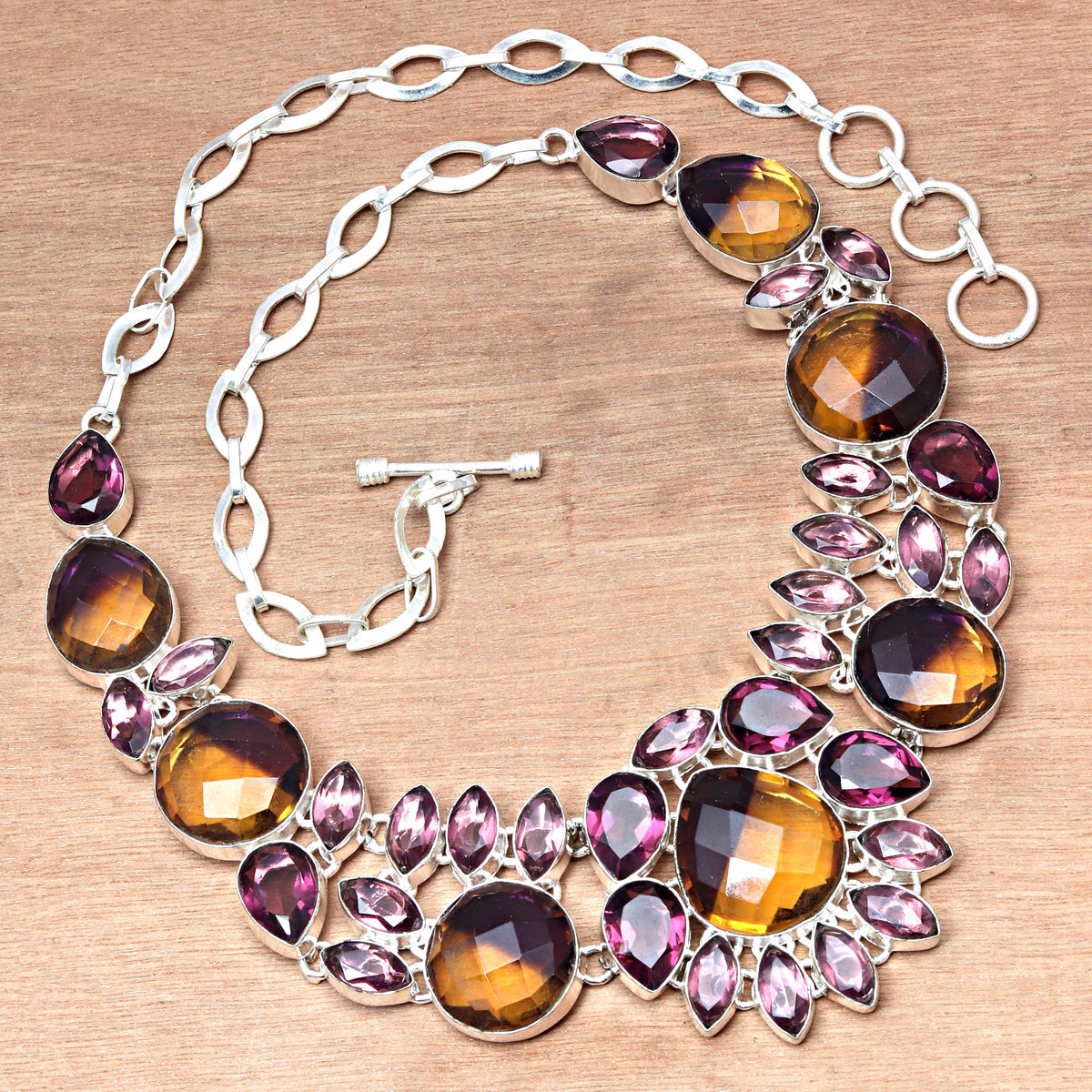 Ametrine Rubylite Faceted Gemstone Silver Necklace 18-20'' A21173