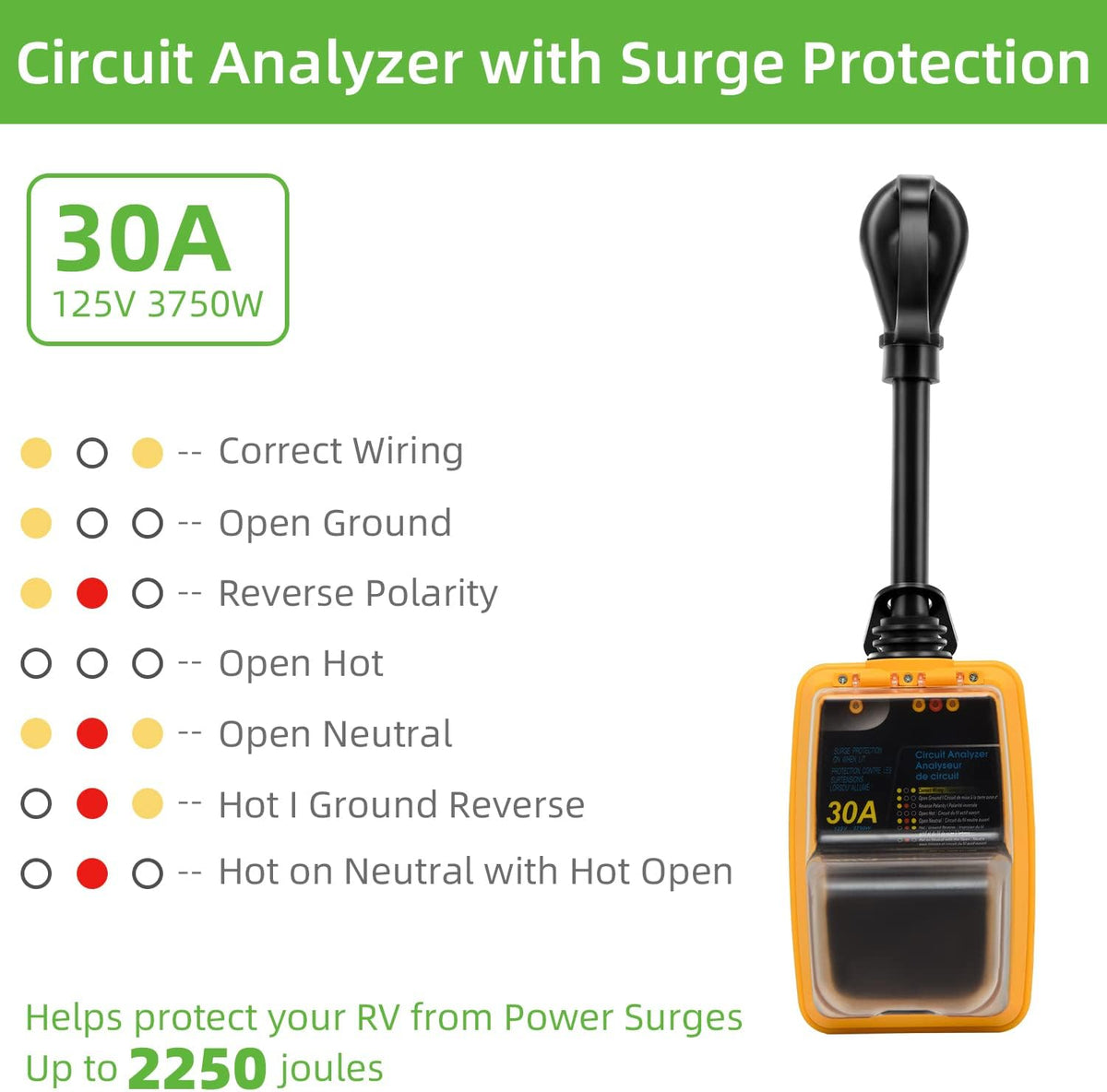 RV Surge Protector 30 Amp with Waterproof Cover, Circuit Analyzer O210