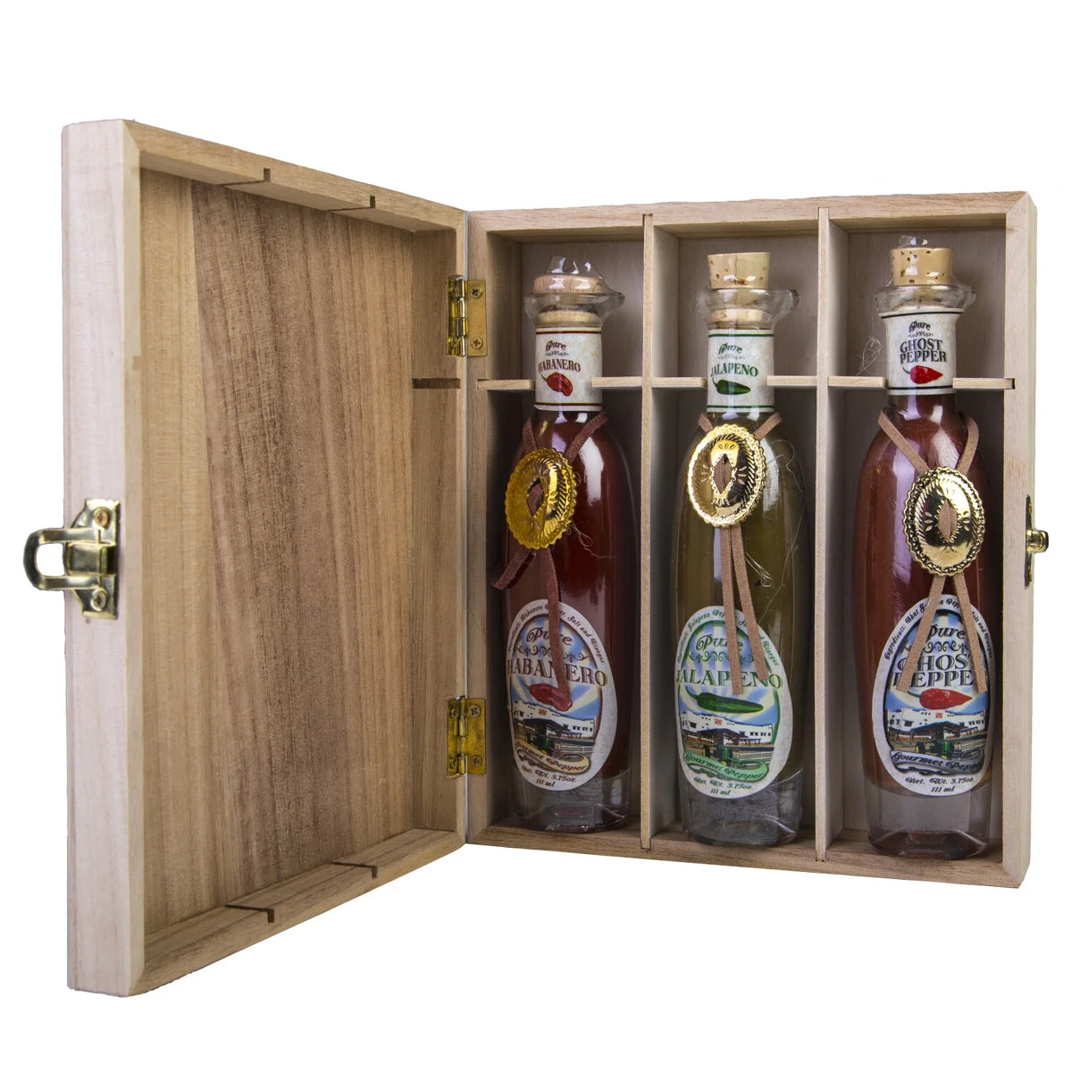Hot Sauce Gift Set Wood Box 3 Glass Bottles Habanero, Jalapeno, Ghost Pepper B450
