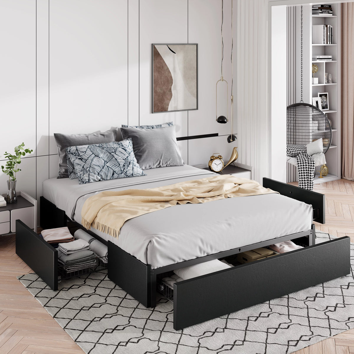 Queen Size Platform Bed Frame with 3 Storage Drawers L454