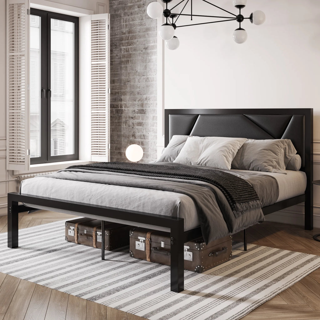 Black Queen Size Metal Platform Bed Frame with Leather Headboard S753525