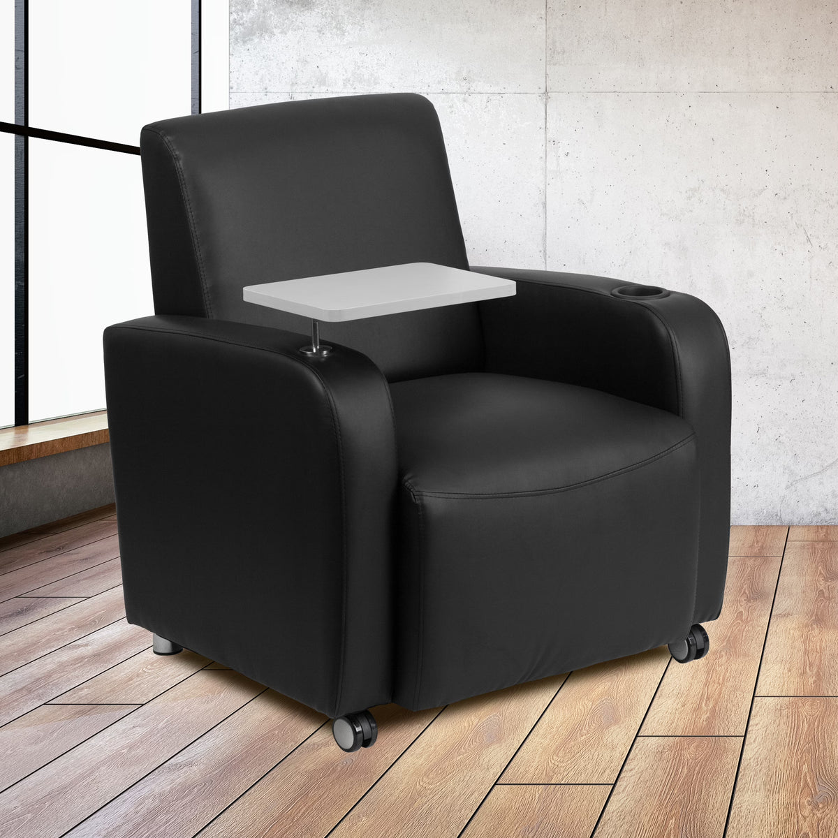 Black LeatherSoft Guest Chair with Tablet Arm and Cup Holder T6114