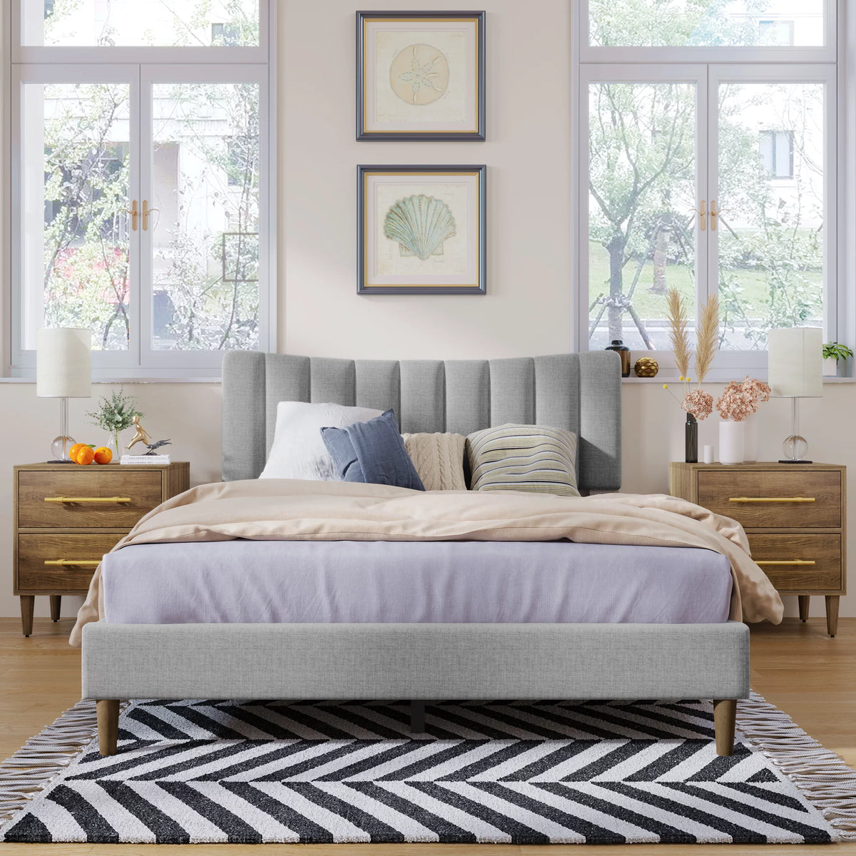Queen Size Gray Linen Upholstered Platform Bed Frame with Tufted Headboard K480849