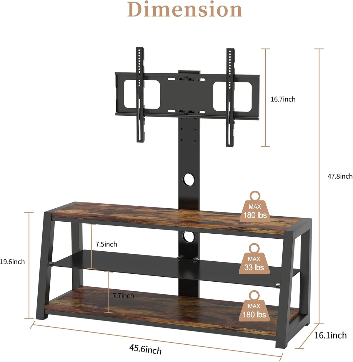 Swivel Floor TV Stand with Adjustable Tempered Wooden Shelves Y84422