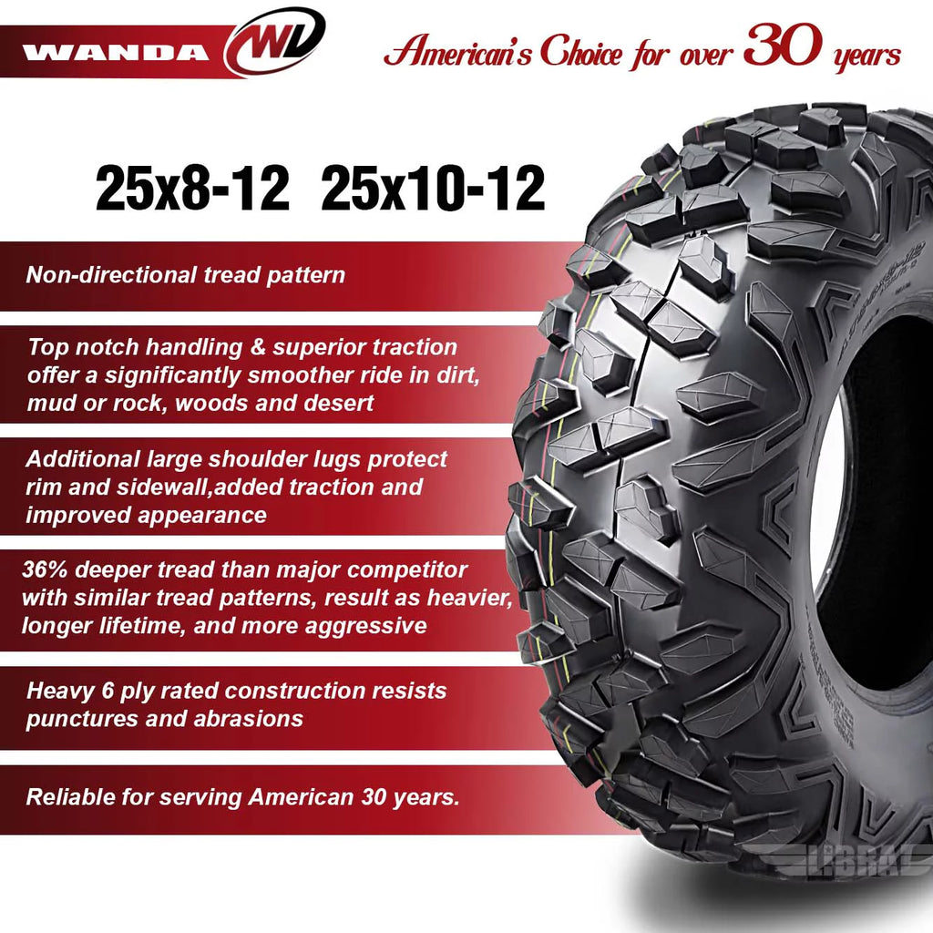 25x8-12 Front & 25x10-12 Rear 6PR ATV/UTV Tires Set 4 G5886