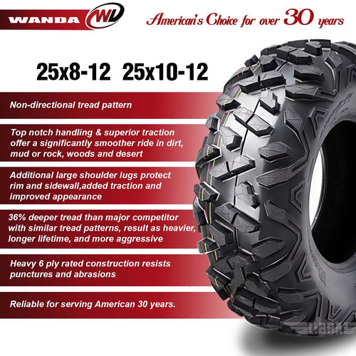 25x8-12 Front & 25x10-12 Rear 6PR ATV/UTV Tires Set 4 G5886