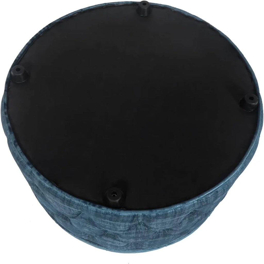 28 Inch Round Blue Velvet Storage Ottoman L15868