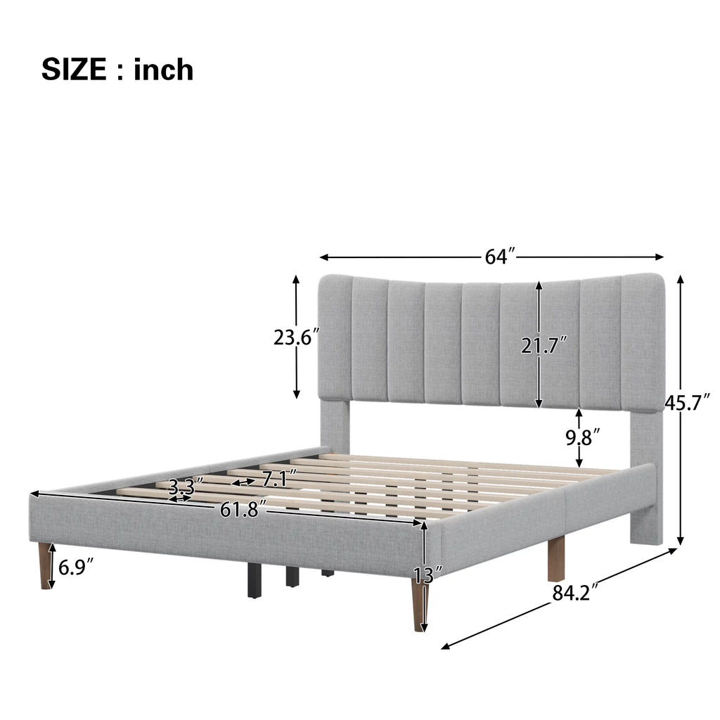 Queen Size Gray Linen Upholstered Platform Bed Frame with Tufted Headboard K480849