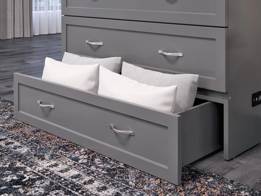 Twin XL Solid Wood Murphy Bed Chest with Mattress, Drawer & Charger, Grey C1757